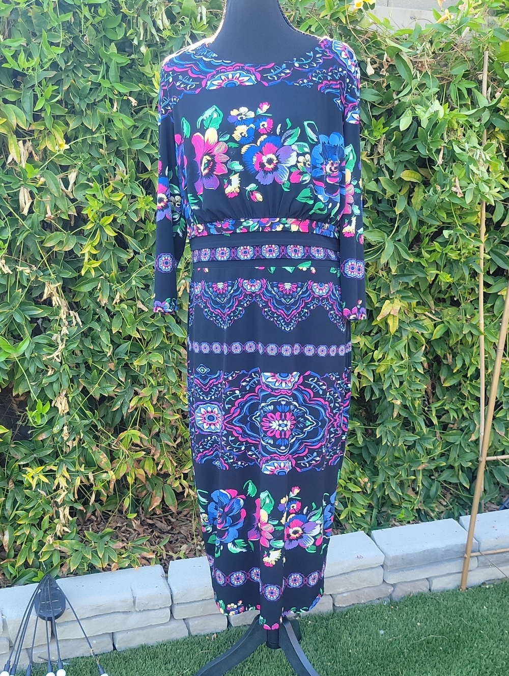 Black Floral Midi Dress with Vibrant Multicolor Print